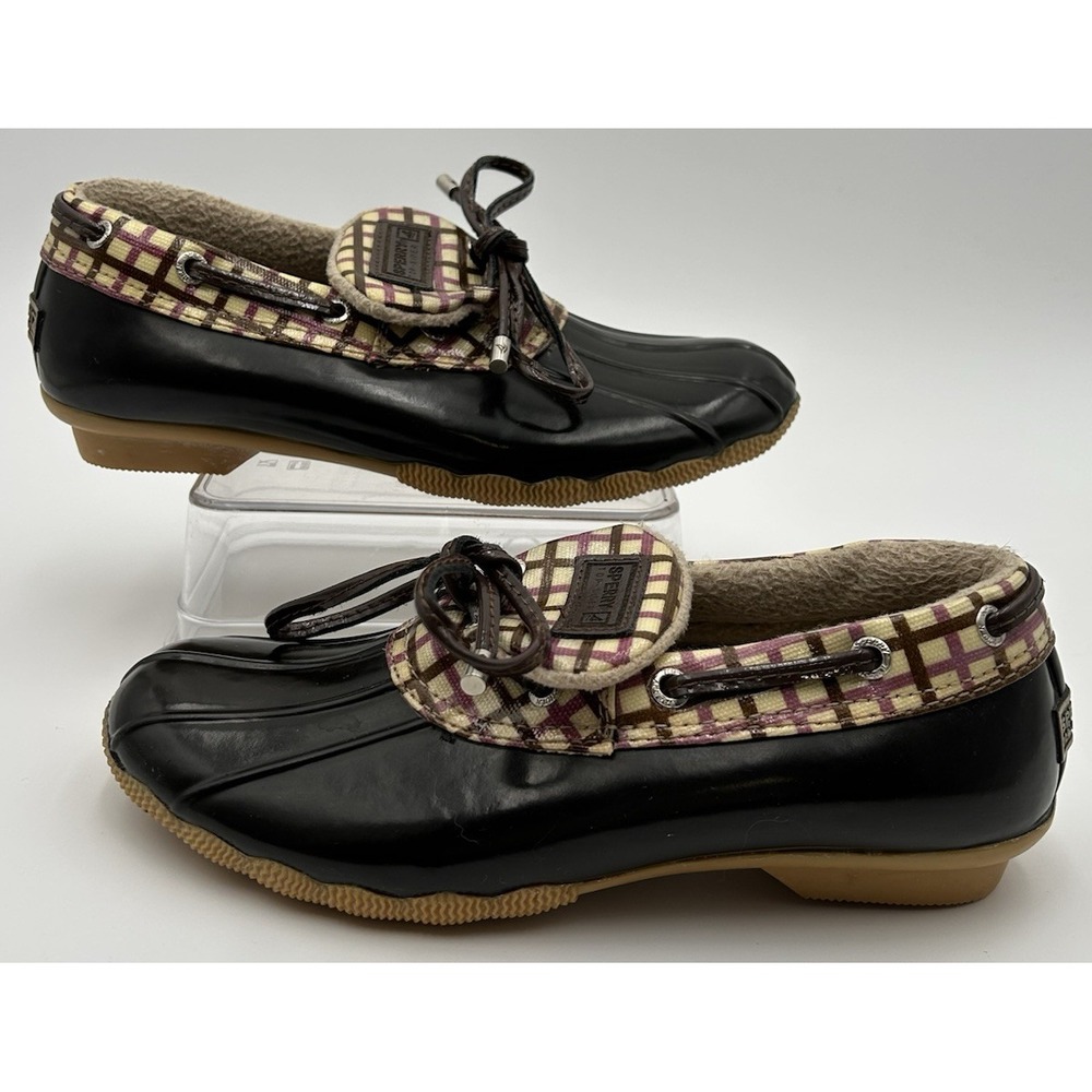 Sperry Top Sider‎ Low Duck Boots Size 6 Pink Brown Plaid Waterproof Rain Shoes